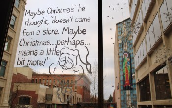 The Grinch's revelation, and the Madonna & Child, as seen from a skywalk in downtown Spokane.