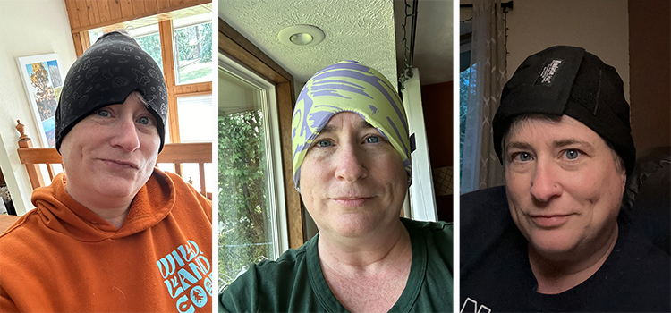 three separate images of the author wearing different ice caps for headaches