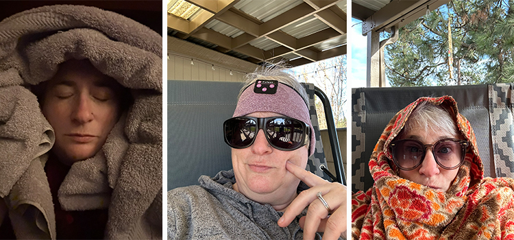 Three separate images of the author with different eye covering and head wraps