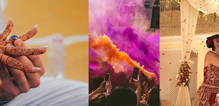 a colorful collage of pieces of an Indian wedding
